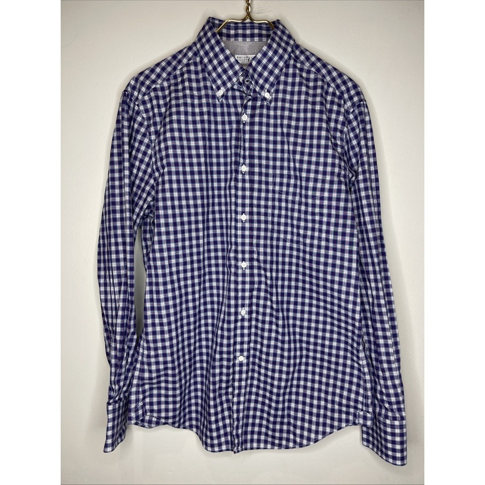 Mens Brunello Cucinelli Cotton Blue Plaid Long Sleeve Oxford Large Slim Fit